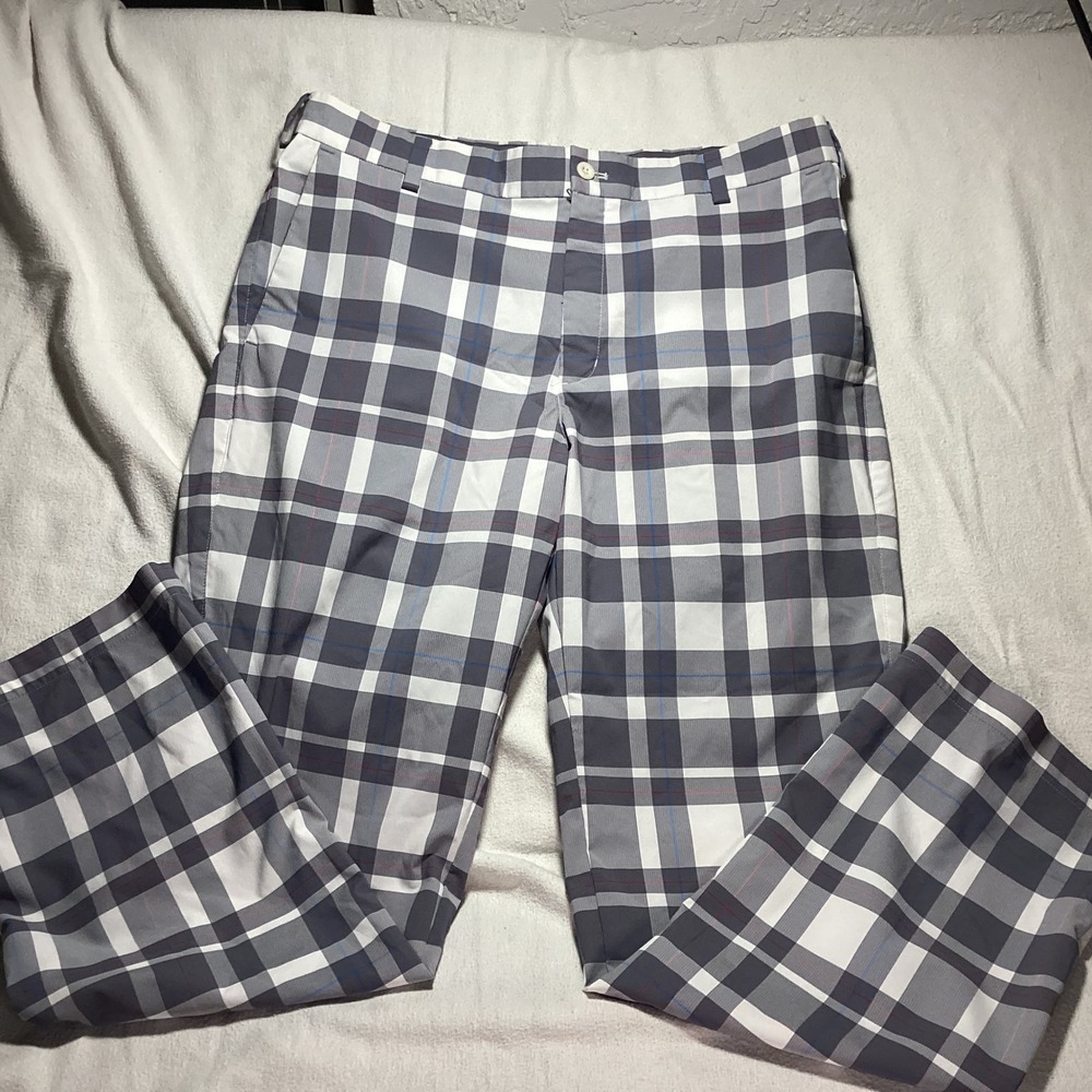 Nike Golf Tour Performance Dri-FIT Plaid Pants Mens 34x30 Grey White Blue